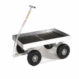 aluminum wagon with four black 10" pneumatic tires and aluminum pull handle