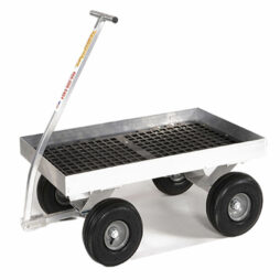 aluminum wagon with four black 10" pneumatic tires and aluminum pull handle