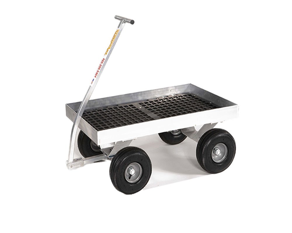 aluminum wagon with four black 10" pneumatic tires and aluminum pull handle