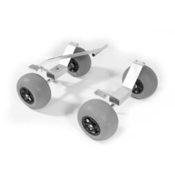 two aluminum axles with connector plates and four grey balloon tires and one aluminum curved handle-bar with welded tee handle for pulling