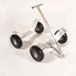 two aluminum axles with connector plates and four black pneumatic turf tires and one aluminum curved handle-bar with welded tee handle for pulling