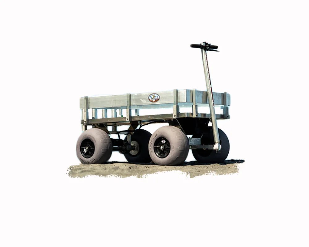 aluminum beach wagon with balloon wheels and electric motor with battery and usb port