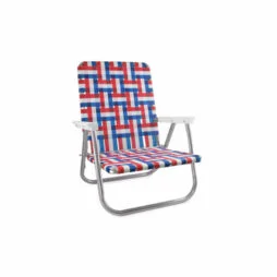 nostalgic, folding high back aluminum chair with red white and blue webbing