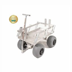 aluminum fishing wagon with balloon wheels and best of category ICast brass award medallion in upper left