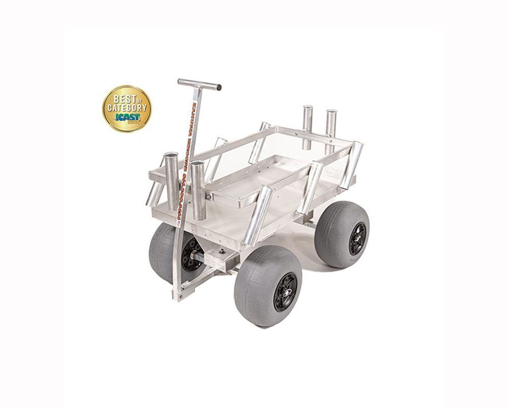 aluminum fishing wagon with balloon wheels and best of category ICast brass award medallion in upper left