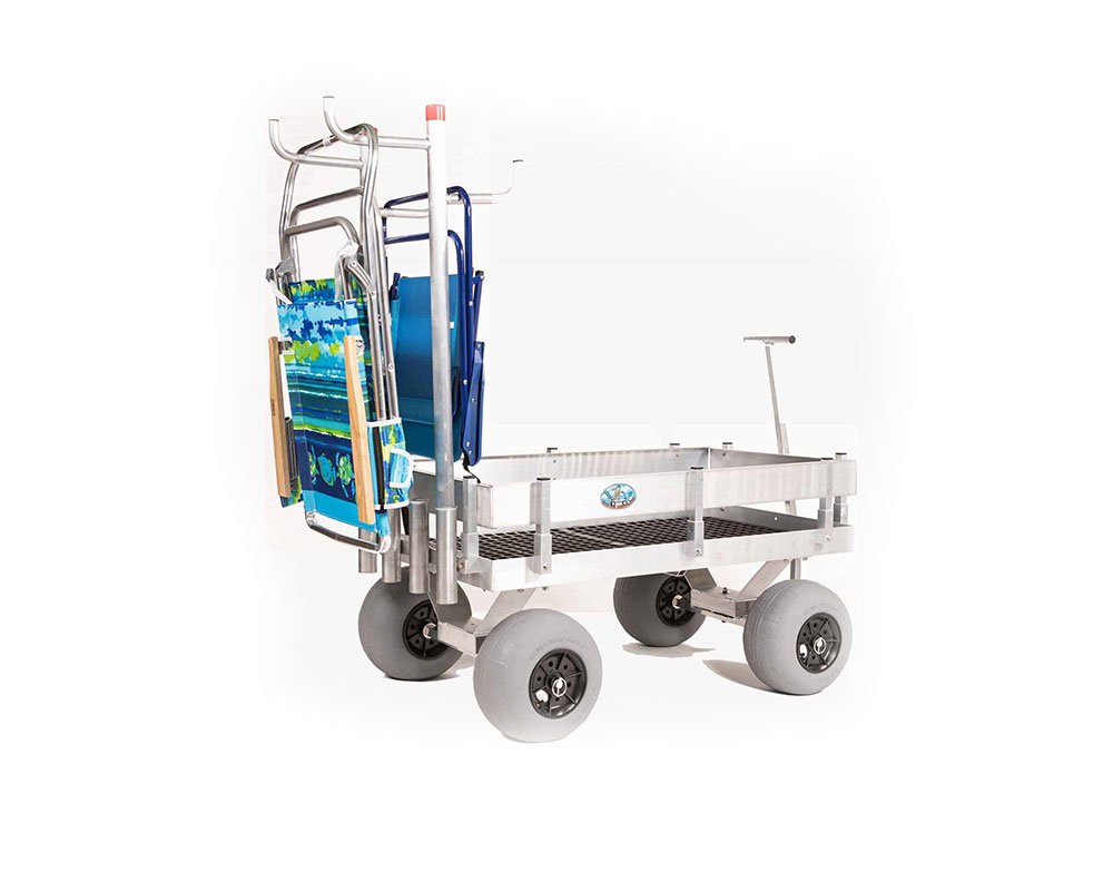 kahuna wagon with aluminum pair of chair holders attached by rod holders with two chairs hanging from the holders